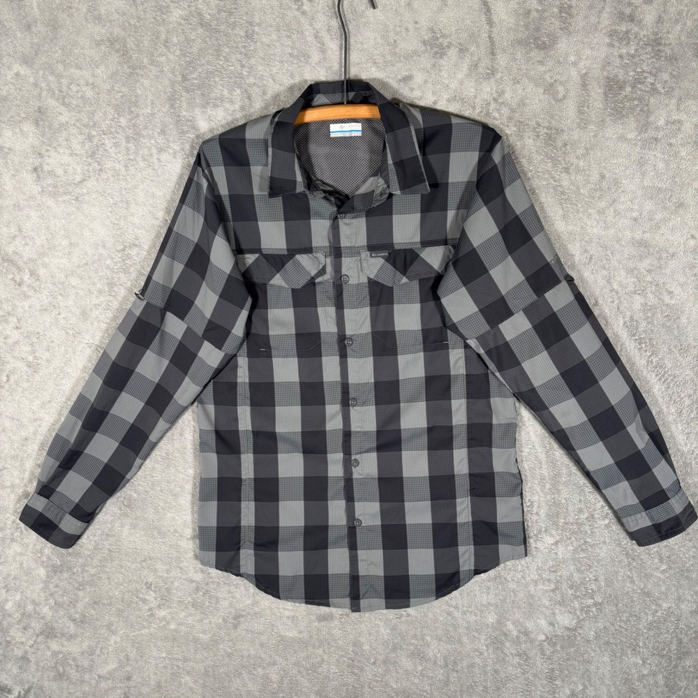 Columbia Mens PFG Omni-Shade Plaid Button Up Shirt Gray Black Small AM1282